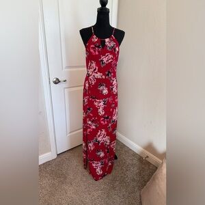 Juniors Candies SZ L Red w/ Pink Floral Halter maxi Dress 2 slits in front